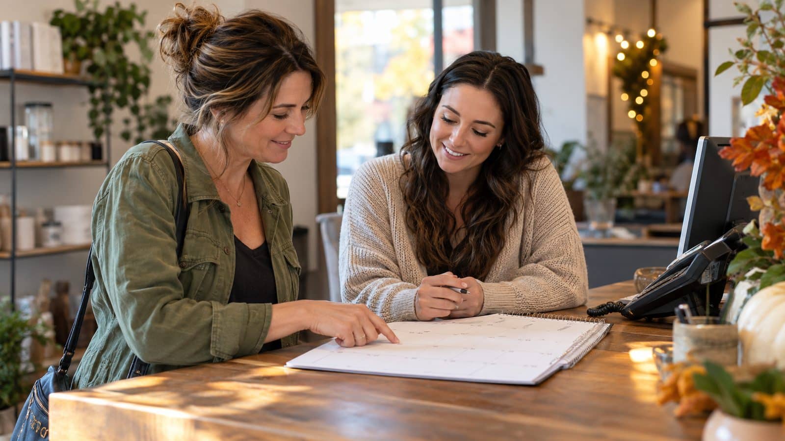 A service-business owner and coordinator reviewing a calendar at reception before a seasonal break