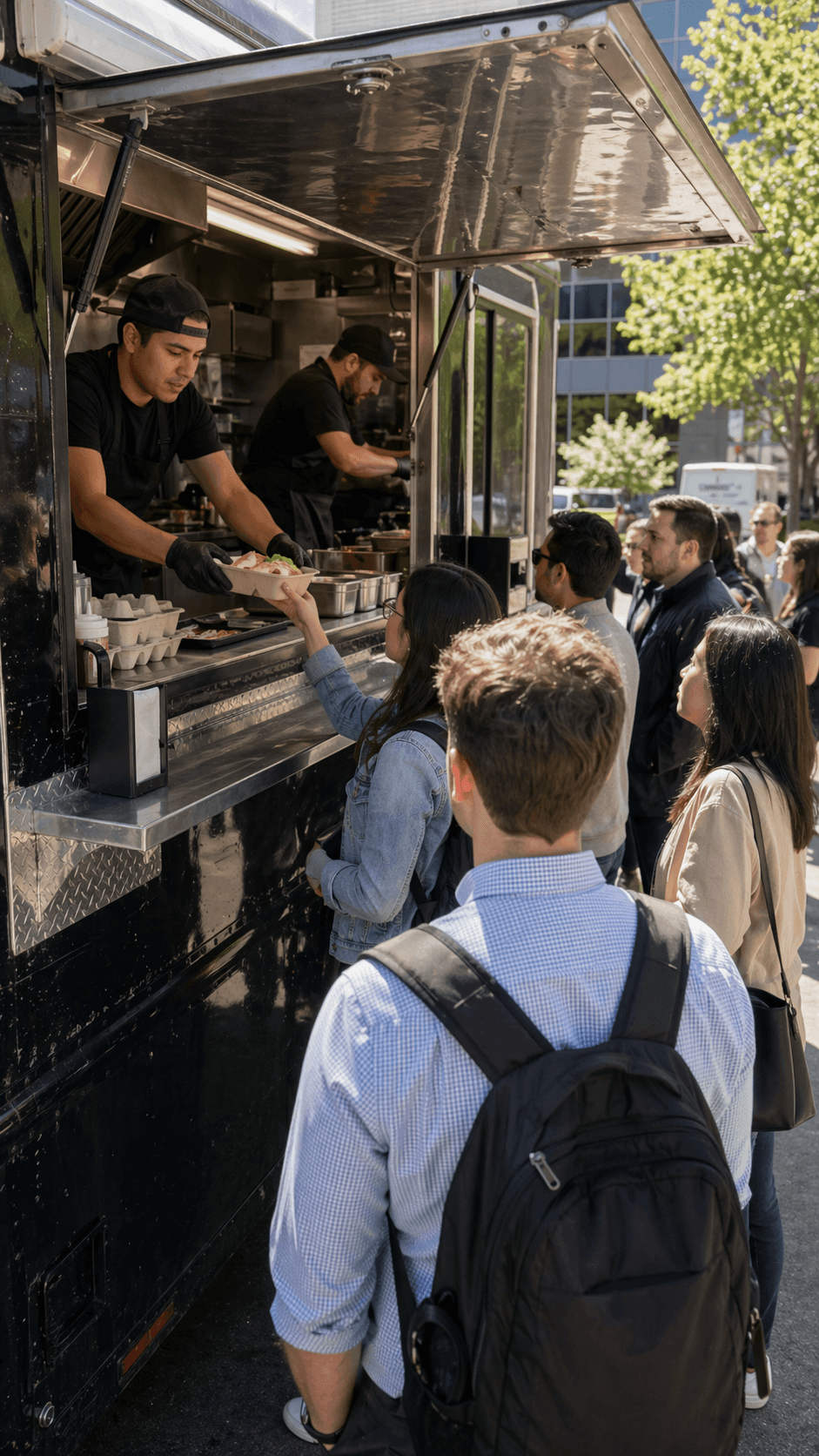 Busy food truck staff serving a long lunch rush line