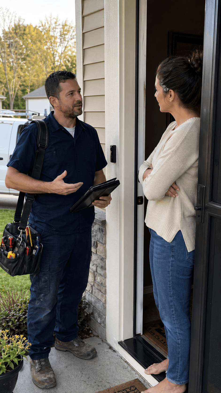 Home services technician talking with a homeowner at the front door