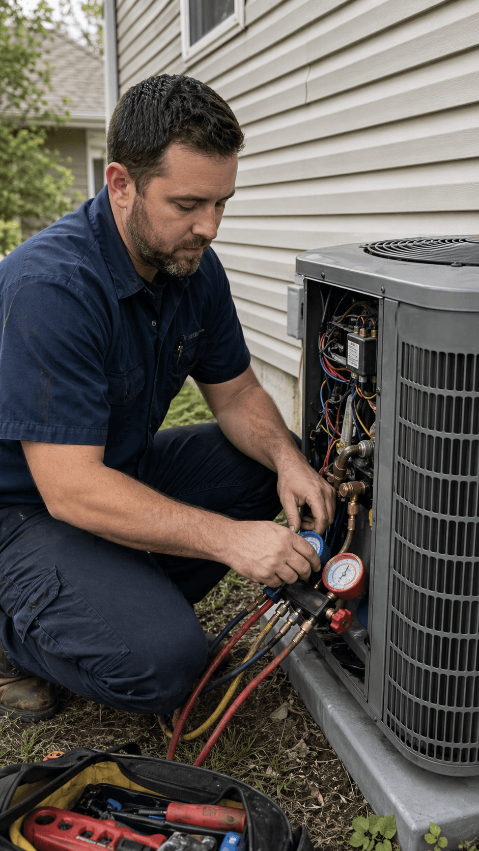 HVAC technician working on outdoor cooling equipment during a residential service call
