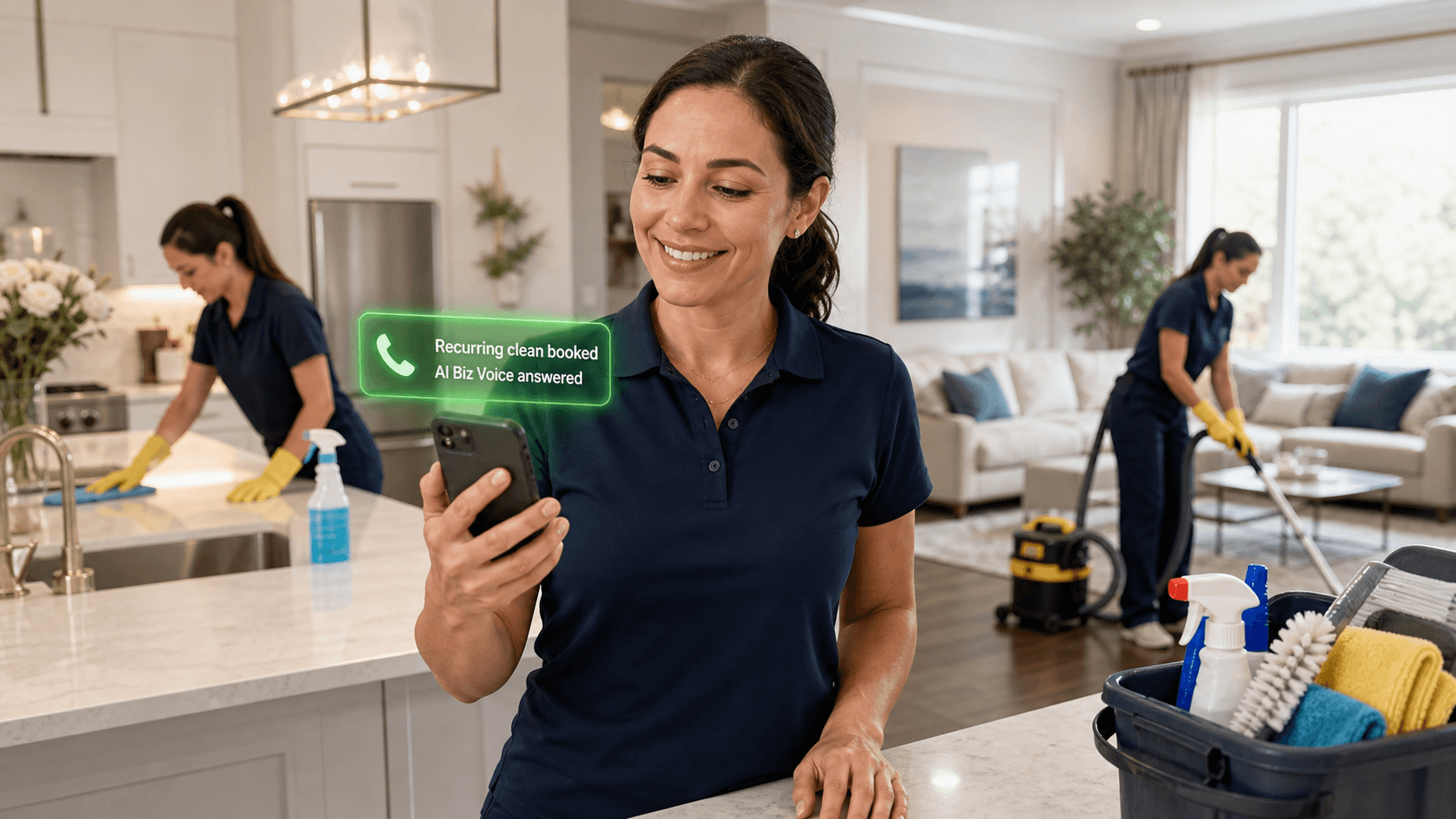Cleaning company owner receiving a recurring clean booked notification from AI Biz Voice