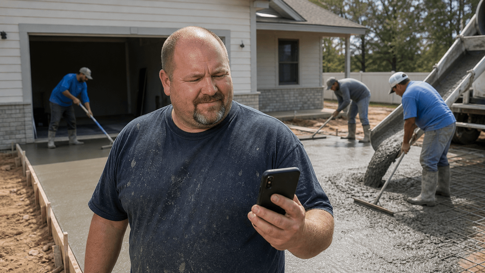 Heavyset balding concrete contractor reviewing a captured lead on his phone