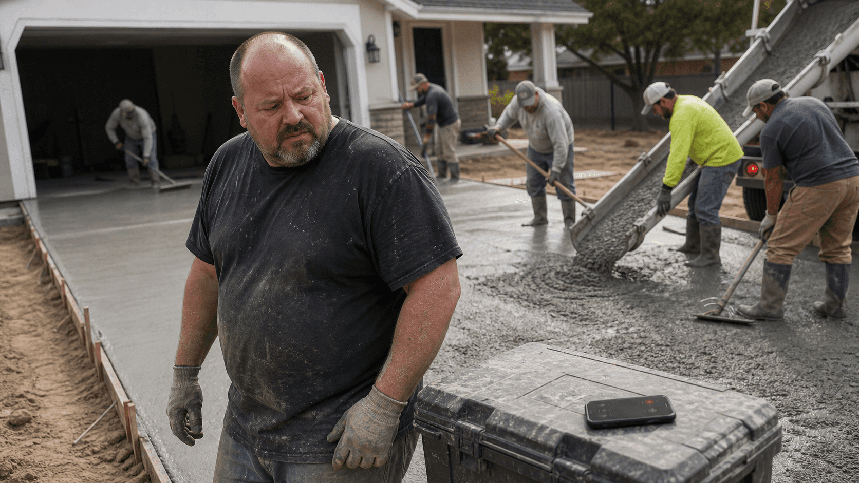 Heavyset balding concrete contractor missing a ringing phone during a driveway pour