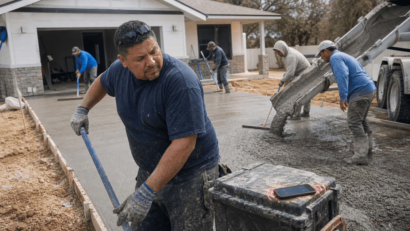 Concrete contractor unable to answer a ringing phone while a driveway pour is underway