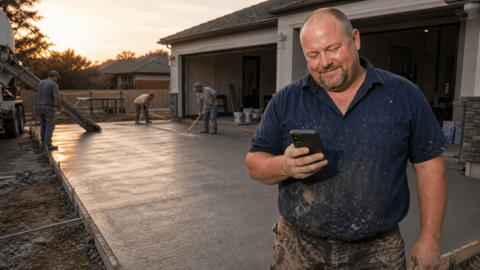 Concrete contractor reviewing a captured estimate lead while the crew finishes a driveway slab