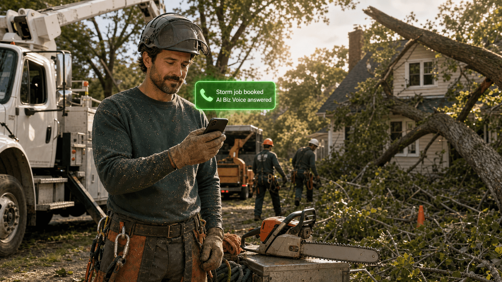 Tree removal owner receiving a storm job booked notification from AI Biz Voice
