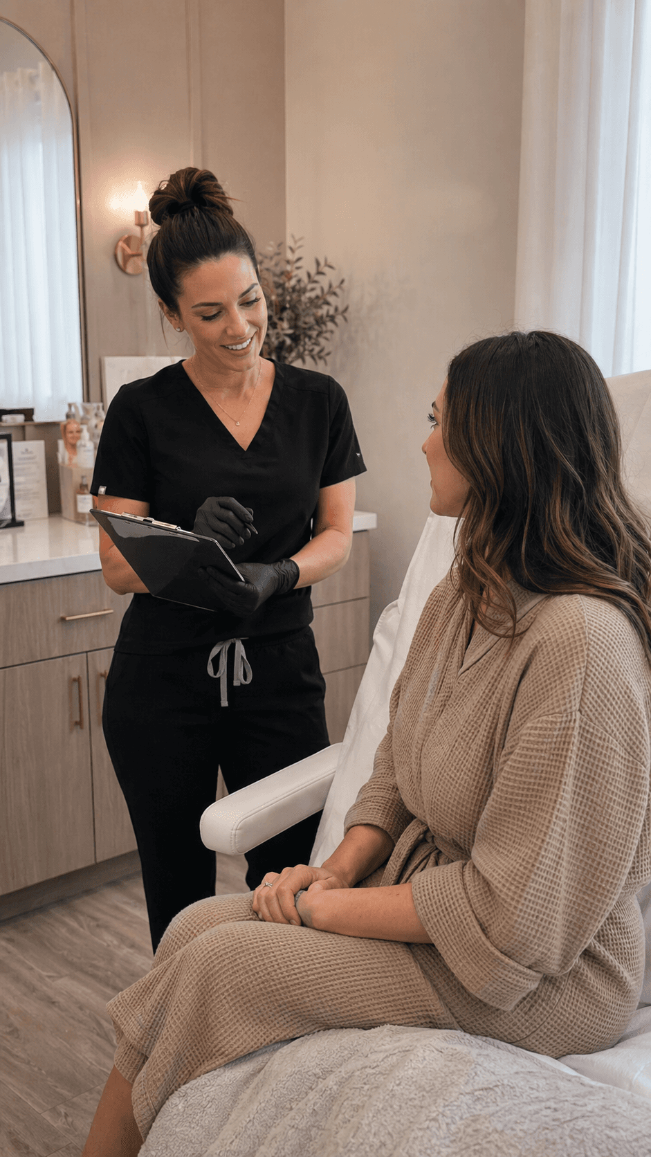 Female med spa owner smiling while consulting with a patient in a modern treatment room