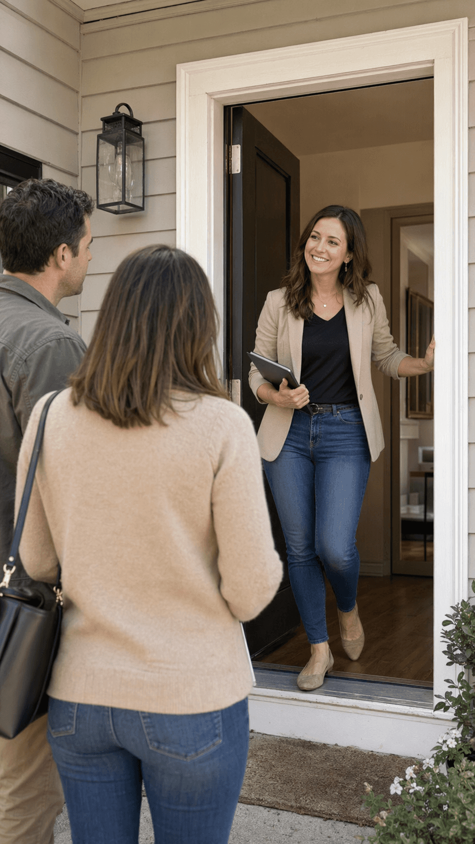 Real estate professional welcoming a client into a property