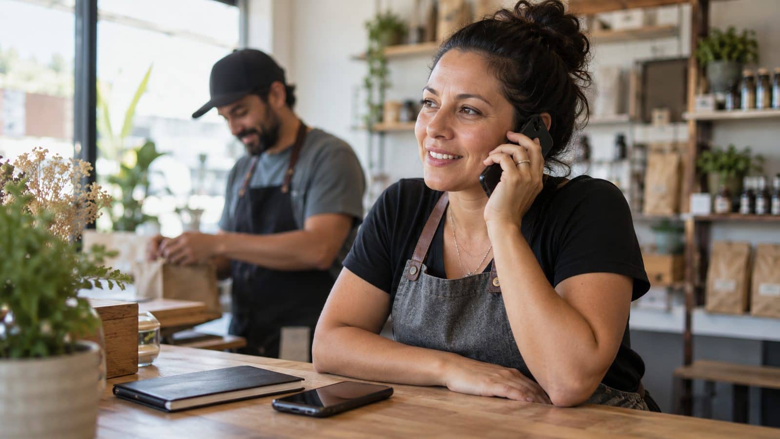 A small-business owner testing a call while a second phone rests on a shop counter